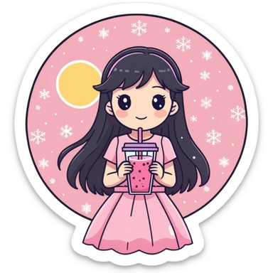 Cite little anime girl wearing sparkly pink holding a pink smoothie with snowflakes around and the sun shining  sticker