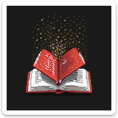 pixel art floating red book with pages turning, dark background, sparkles around the book sticker
