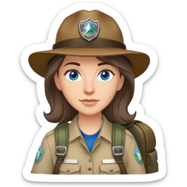 white woman park ranger with gray and brown hair, blue eyes, wearing a backpack sticker