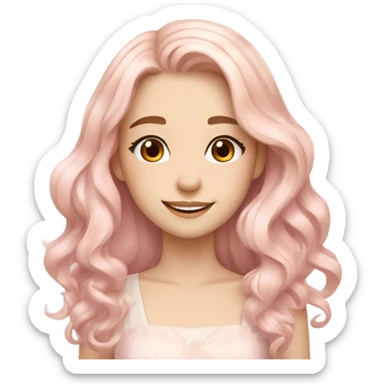 Pretty girl with long wavy light peachy pastel pink hair, pale skin, brown doe eyes, light makeup, smiling gently, beautiful, dress sticker