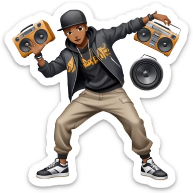 Icon for Street Dance: a dancer in urban streetwear performing a dynamic lower breakdance move, with a spray-painted background and a boombox on the asphalt. The icon should capture the energy, style, and creativity of street dance culture. Transparent background. sticker