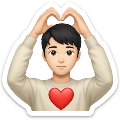 Black-haired male idol making a heart shape with his arms above his head, K-pop style sticker