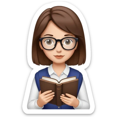 girl with brown hair and black glasses holding a book sticker