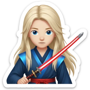 A 14 year old with red glowing katana and his hair be long and eye colour of blue  sticker