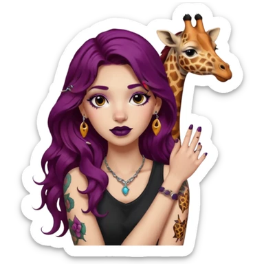 girl with long wavy plum color hair, giraffe tattoo on arm, dark lipstick, piercings sticker