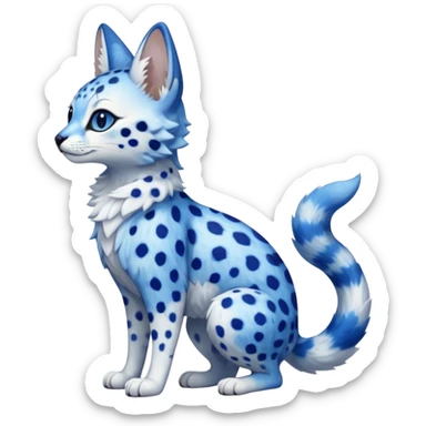 Cute, realistic, furry, big-eyed Cobalt-blue, sapphire-blue-spotted, white-bellied, exotic Serval-sergal-Trico-fusion-animal-hybrid, with a gradient sky-blue fur coat sticker
