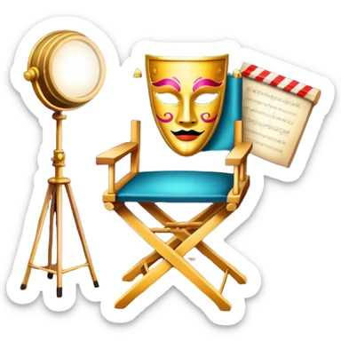 Icon for Acting: a theatrical mask, stage lights, a director’s chair, and a script, representing the craft of acting in theater. The design should reflect creativity, performance, and the art of storytelling on stage. Transparent background. sticker