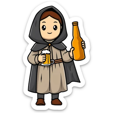 young female medieval pilgrim with cloak and beer bottle sticker