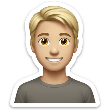 a 13 year old boy smiling with blue eyes and pale tan skin color, straight hair covering fore head brown sticker