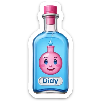 Smiling bottle of oil blue top pink outside with logo that says diddy oil sticker