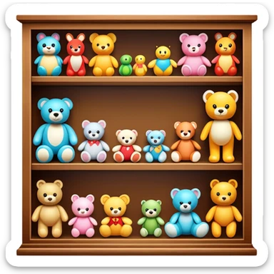 Icon for Toy Collecting: a collection of various vintage toys such as dolls, action figures, and plush animals, displayed neatly on shelves or in display cases. The icon should evoke the joy and nostalgia of collecting toys. Transparent background. sticker