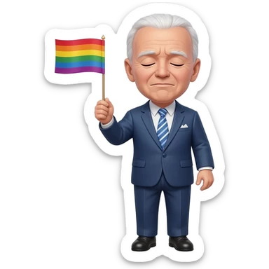 Joe Biden, full body, looking sleepy and old in a realistic life like style holding a gay flag sticker