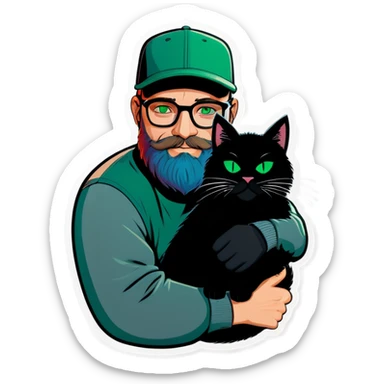 A bold man with a grey baseball cap, green eyes, big beard and glasses hugging a black cat sticker