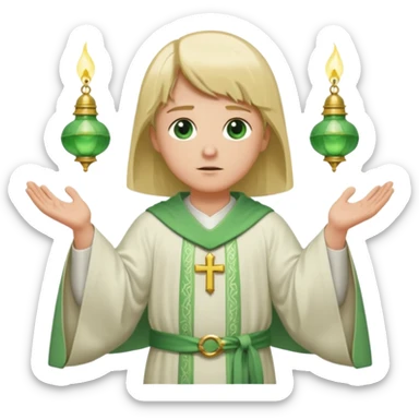 a priest, green eyes, blonde hair, light green wide, flowing, bell-shaped outer robe. opening arms, gazing thoughtfully. Soft light, subtle fern. Waist-up, profile. sticker