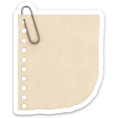Add a realistic silver paperclip accent to the faded beige torn notebook paper scrap with spiral edge. Keep the watercolor texture and transparent background. No face, no hands, no legs, no characters. sticker
