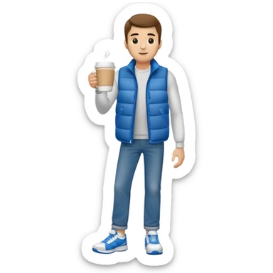 full body man with plain puffy vest with no pockets over long sleeved shirt wearing straight blue jeans and tennis shoes holding coffee mug in his had sticker