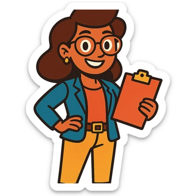 a cheerful and confident female project manager in a business casual outfit, smiling sticker