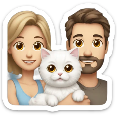 Family with dad with brown eyes and short dark hair, mother with blue eyes and brown wavy hair, baby, white Persian cat sticker