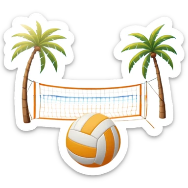 The scene captures an orange sand, sunny sea beach with clear blue sea and sky, palm trees swaying. A volleyball resting on the orange sand ground of a beach, with a volleyball net in the background.  sticker