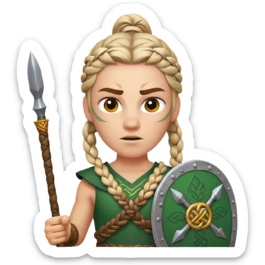 Emoji portrait of a Celtic warrior. Braided hair, fierce expression, holding a spear. sticker