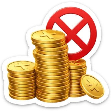 A stack of shiny gold coins without any symbols on top, crossed by a red prohibition sign (no symbol). Apple Emoji style, 3D look, soft reflections, clean white background, high-quality rendering, realistic lighting and shadow, smooth gradients, no text or logo. sticker