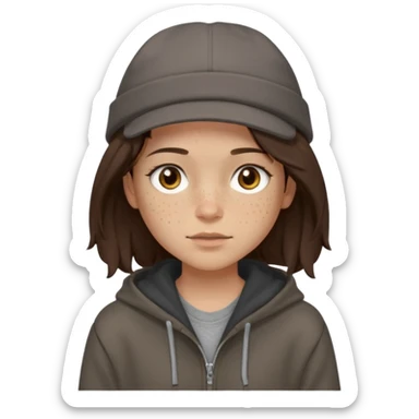 Hobo tomboy with light skin, freckles, shoulder-length center-parted dark brown hair. brown eyes, dark dull brown hoodie, grey shirt. Bolero hat sticker