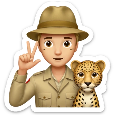 A man sticking his finger into the body of a leopard. sticker