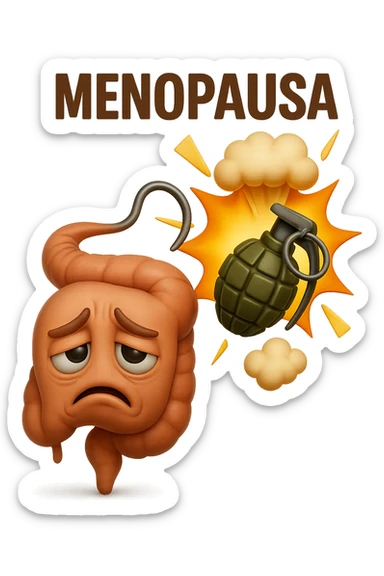 EMOJI STILE IPHONE 3D DI INTESTINO SFINITO CON ESPRESSIONE STANCA, ACCANTO A LUI SCOPPIA UNA GRANATA 3D CON LA SCRITTA "MENOPAUSA" SOPRA sticker