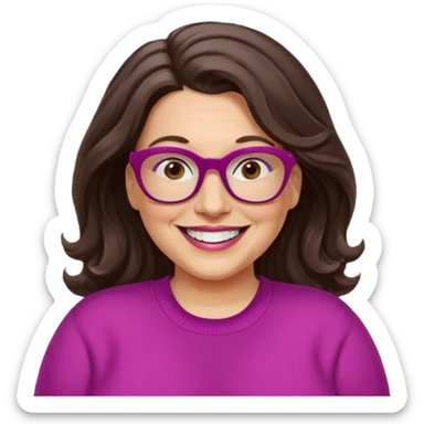 50 yr Caucasian woman, long dark brown hair parted on side, brown eyes, brown glasses, big smile, white teeth, fuscia sweater, chubby, wavy hair sticker