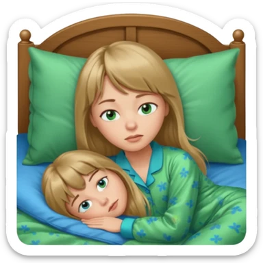 Woman with long dark blond hair and bang, blue eyes sleepy in bed  with green pyjama sticker