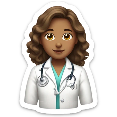 A brunette wavy hair girl with tan skin wearing a white medical coat and a pink stethoscope sticker