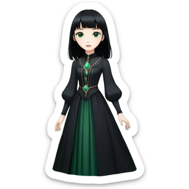 young woman, russian white skin, slender, she enter new worlds and creates utopia in them to make evryone trully happy. Make all they wishes comes true and ends suffering. Her goddes avatar looks like a girl with straing black hair with bangs, pale skin, green eyes, big black victorian dress. She travel across the multiverse on her black obsidian floating castle. She is very kind and calm. sticker