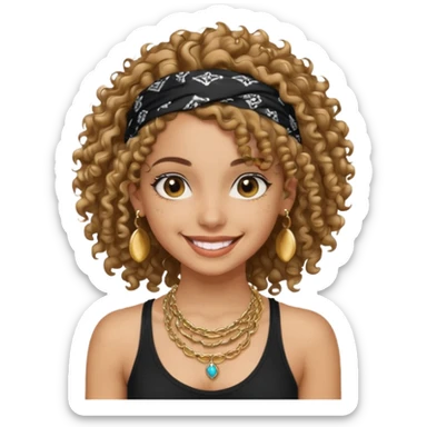 Baddie girl with black  tank top curly hairss and bandana and jwellery sticker