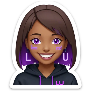 brown haired girl with a bob and blue eyes wearing black hoody with violet letters "Lu", laughs. Cyberpunk style. Violet neon. sticker