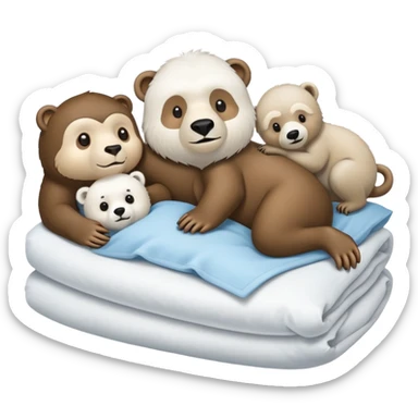 A monkey an otter and a polar bear in a bed sticker