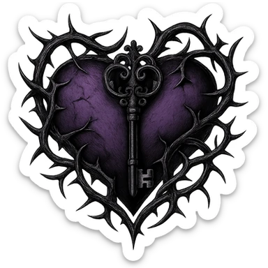 romantic goth heart with intertwined thorns and a key, gothic style, black and purple, detailed sticker