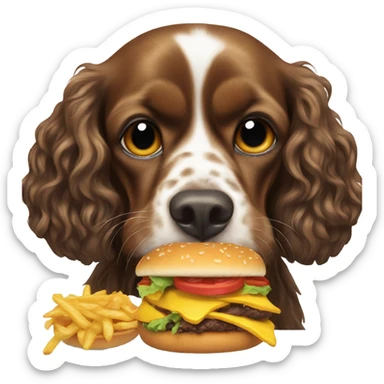 Black cocker spaniel eating a cheeseburger sticker