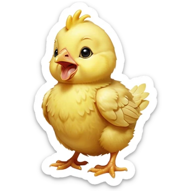 Cinematic Cute Yawning Yellow Baby Chicken Portrait Emoji, Head tilted slightly with a dramatic, wide-open yawn, showcasing a soft, downy yellow coat with little drooping wings, round beady eyes barely open in drowsy contentment, Simplified yet irresistibly adorable features, highly detailed, glowing with a soft, cozy glow, high shine, relaxed yet expressive, stylized with a touch of whimsical charm, bright and endearing, soft glowing outline, capturing the essence of a sleepy yet affectionate chick, so drowsy it feels like it could stretch out of the screen and curl up for a nap! sticker
