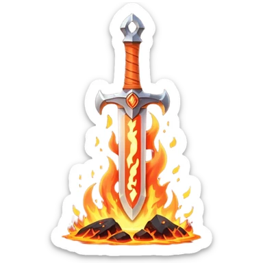 fire guardian sword object icon, flaming blade, glowing lava runes, ember sparks, fantasy weapon, 3D cartoon, mobile game icon style, centered, clean background, no text, no watermark
 sticker