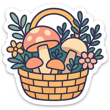 basket full of forest goodies with mushrooms, herbs, flowers in soft pastel colors, vibrant-toon style sticker