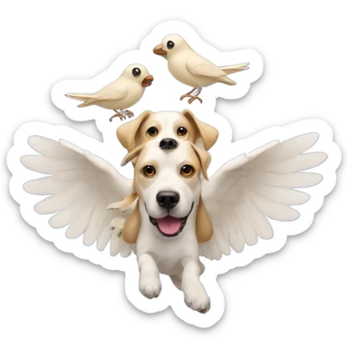 A dog with three heads, flying with a bird carrying it sticker