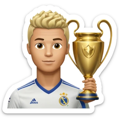 Cristiano Ronaldo holfing the champions league with noodle hair a bit longer noodle hair with a bit of blonde highlights and tge hair xoming down a bit sticker