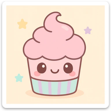 cute cupcake with pink icing, kawaii style, adorable, pastel colors, big eyes sticker