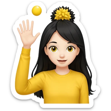 A long black hair teen girl waving pom-poms, eyes sparkling with excitement, yellow top sticker