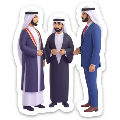 UAE sheikh in traditional clothes standing and talking with a USA businessman in a suit sticker