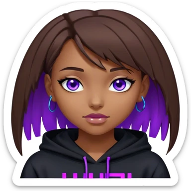 brown haired girl with a bob blue eyes wearing black hoody with violet letters "Lu", winks with one eye. Cyberpunk style. Violet neon. sticker