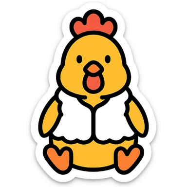 cute seated chicken wearing a white pile vest, color outline icon style sticker