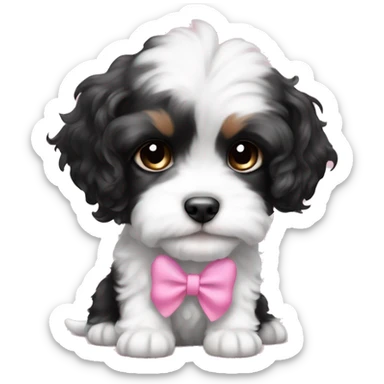 a cute black and white cavachon puppy with a pink bow in her fur sticker