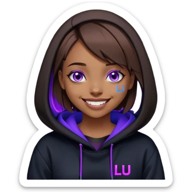 brown haired girl with a bob and blue eyes wearing black hoody with violet letters "Lu", laughs. Cyberpunk style. Violet neon. sticker