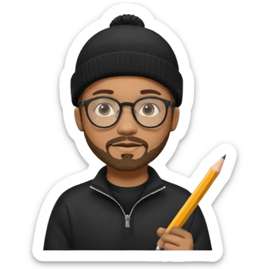 A creative young man with a pencil, glasses and a beanie. He holds a pen in his hand. He has a slight moustache and bit of a beard. He's a lightskin black man. He wears a black quarterzip jumper sticker